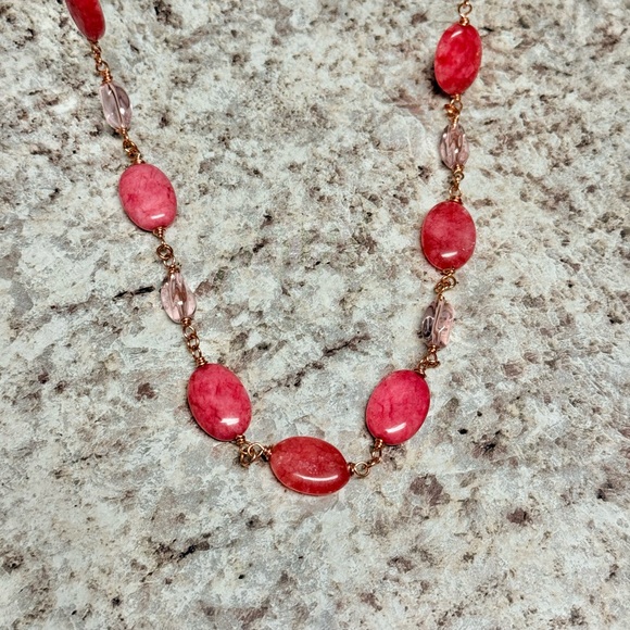 Oval Pink Marble Agate Gemstone Necklace 26” - Picture 5 of 10